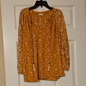 Women's Mustard Floral Tie-Front Peasant Blouse